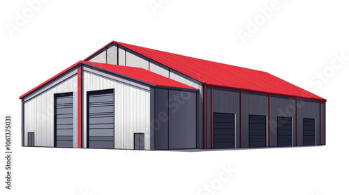 Modern Red Roof Warehouse Building Design on an isolated background