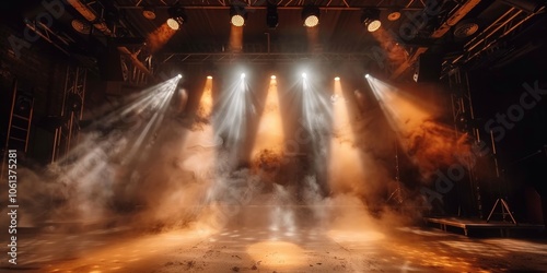 Empty concert stage with illuminated spotlights and smoke. Stage background , white spotlight and smoke	
