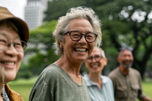 Group of senior asian friends having fun in the park in summer