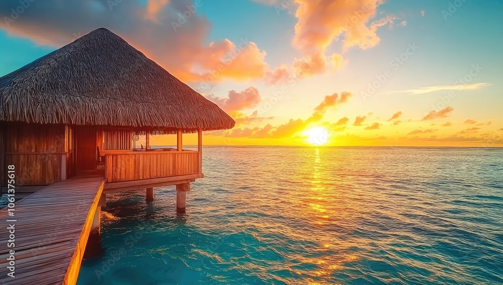 Stunning Sunset Over Turquoise Ocean with Overwater Bungalow in Bora Bora, French Polynesia, Traditional Thatched Roof and Colorful Dusk Sky Stunning Sunset Over Turquoise Ocean with Overwater Bungalow in Bora Bora, French Polynesia, Traditional Thatched Roof and Colorful Dusk Sky