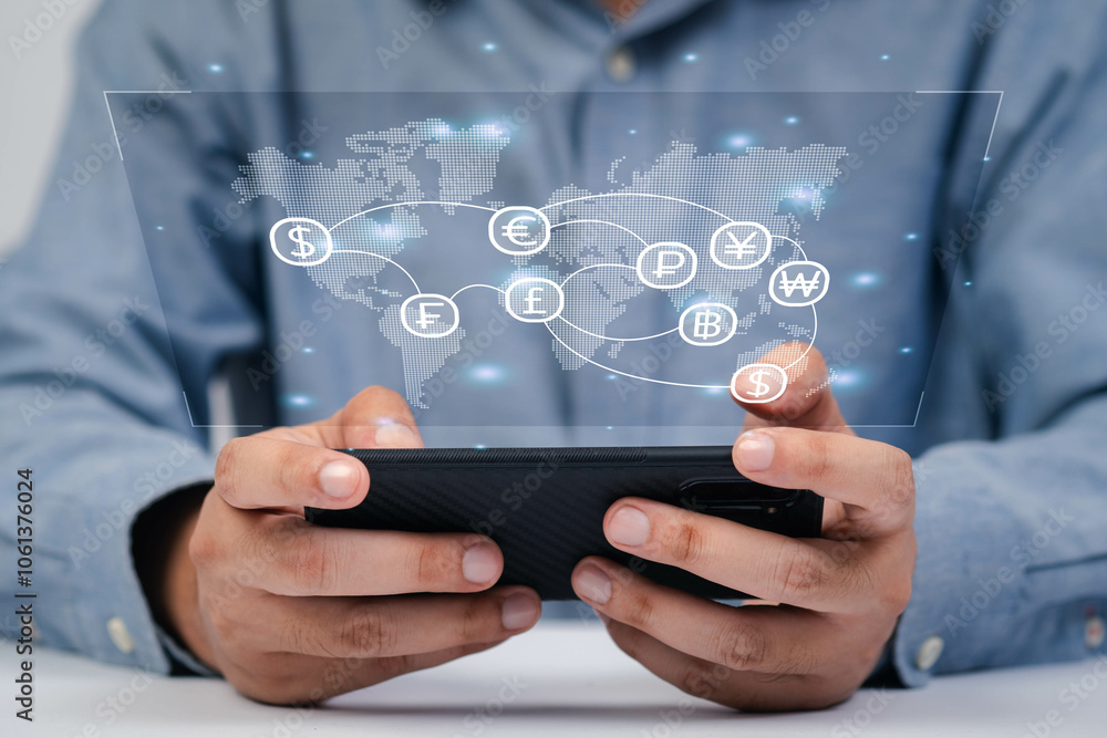 A person interacts with a smartphone displaying a digital world map and social network icons, symbolizing global connectivity. A person interacts with a smartphone displaying a digital world map and social network icons, symbolizing global connectivity.