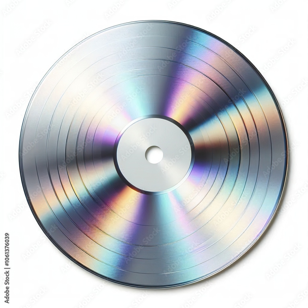 silver iridescent vinyl disc, highly iridescent, subtle gradient with lighter colors, minimalistic and luxurious design, metallic shine, isolated on a white background silver iridescent vinyl disc, highly iridescent, subtle gradient with lighter colors, minimalistic and luxurious design, metallic shine, isolated on a white background