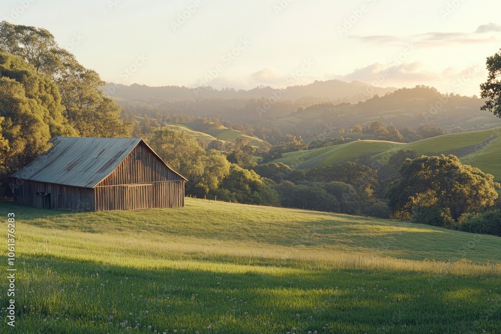 A weathered wooden barn stands alone on a grassy hill overlooking a valley, bathed in soft golden light. A weathered wooden barn stands alone on a grassy hill overlooking a valley, bathed in soft golden light.
