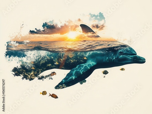 Dolphin silhouette, tropical ocean waves inside, double exposure, sunny day, playful theme