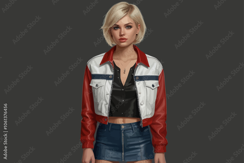 A girl in a white buttoned up cute mesh top and a black leather miniskirt with zippers and white boots and a red and blue cropped bombshell jacket AI generated image A girl in a white buttoned up cute mesh top and a black leather miniskirt with zippers and white boots and a red and blue cropped bombshell jacket AI generated image