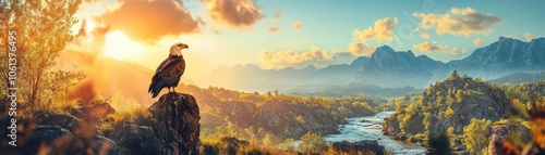 Eagle silhouette, rocky canyon with winding river, double exposure, rugged landscape, freedom