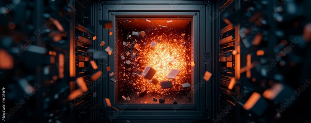 Fototapeta premium Holographic vault door burst open with data spilling out, data breach, security failure