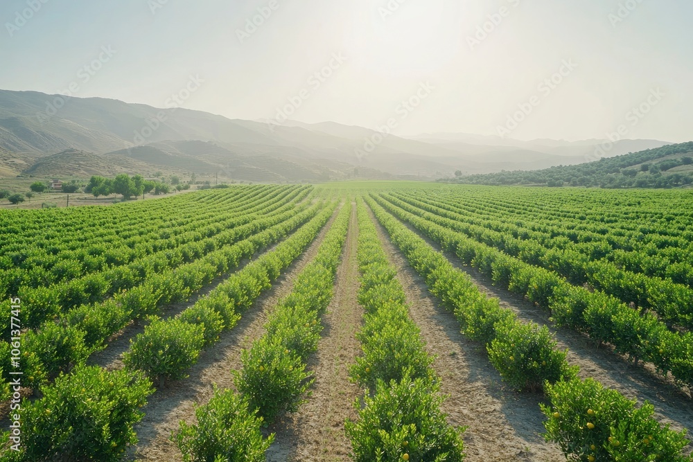 Rows of citrus trees in a lush orchard with a distant mountain range. Rows of citrus trees in a lush orchard with a distant mountain range.