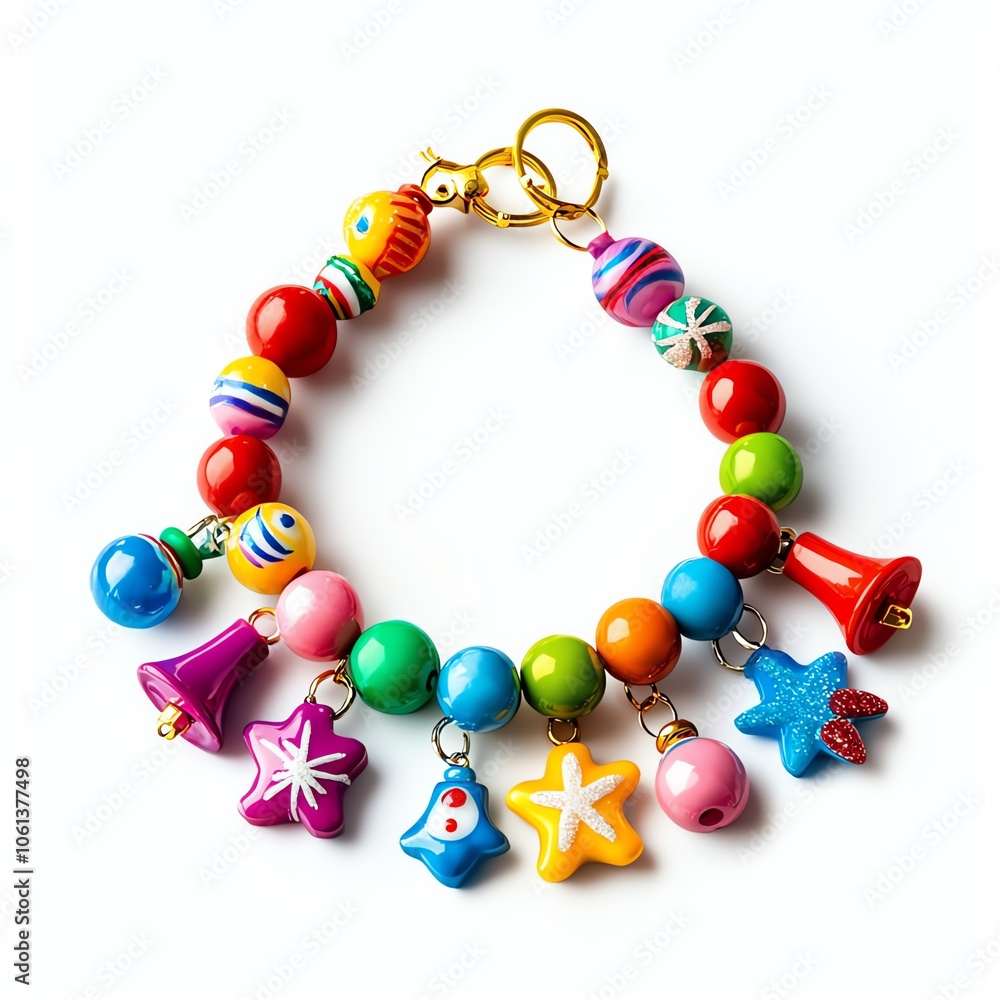 Colorful beaded bracelet with various charms on a white isolated background. Colorful beaded bracelet with various charms on a white isolated background.