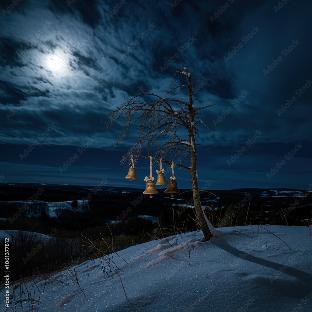 Obraz premium Mysterious dark winter night landscape featuring golden bells hanging from a lone bare tree illuminated by a bright full moon over a snow-covered field.