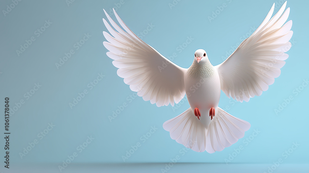 White dove with open wings flying gracefully against light blue background, symbolizing peace and freedom. Its feathers are detailed and vibrant, creating serene atmosphere White dove with open wings flying gracefully against light blue background, symbolizing peace and freedom. Its feathers are detailed and vibrant, creating serene atmosphere