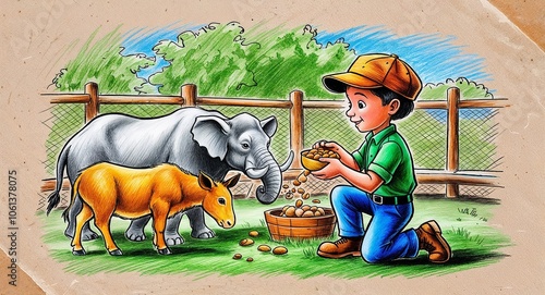 Hand drawing clipart of a zookeeper boy feeding animals in a jungle themed zoo exhibit photo