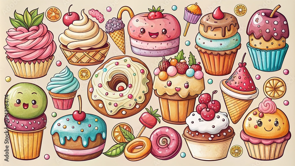 Cute Dessert Collection Hand Drawn in Doodle Art Style for Sweet Food Concept, Featuring Cupcakes, Donuts, Ice Cream, and Pastries, Perfect for Culinary Designs and Food Illustrations Cute Dessert Collection Hand Drawn in Doodle Art Style for Sweet Food Concept, Featuring Cupcakes, Donuts, Ice Cream, and Pastries, Perfect for Culinary Designs and Food Illustrations