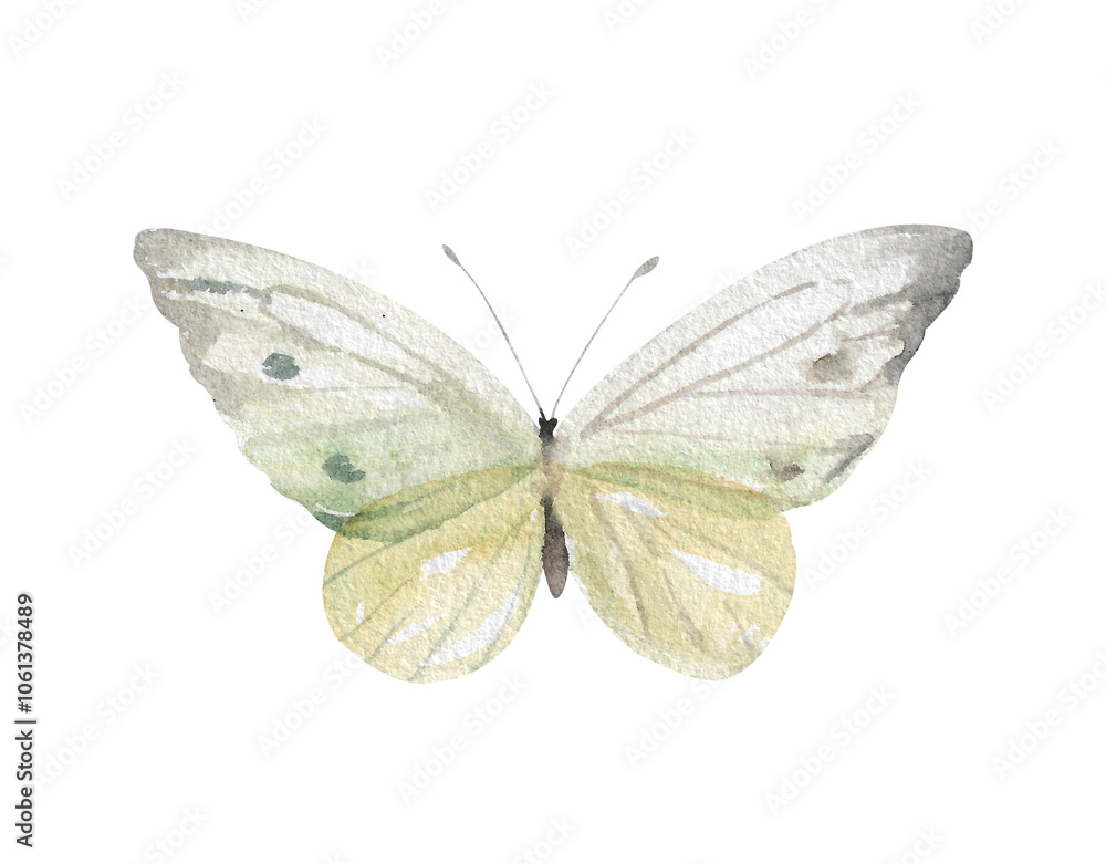White butterfly with transparent wings with gray edges and dots hand drawn watercolor illustration White butterfly with transparent wings with gray edges and dots hand drawn watercolor illustration