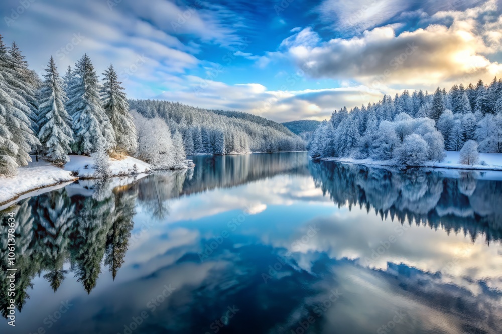 Serene Winter Reservoir Reflections in Snowy Forest Landscape - Long Exposure Photography, Tranquil Water, Calm Waters, Snowy Scenery, Winter Wonderland, Nature Beauty Serene Winter Reservoir Reflections in Snowy Forest Landscape - Long Exposure Photography, Tranquil Water, Calm Waters, Snowy Scenery, Winter Wonderland, Nature Beauty