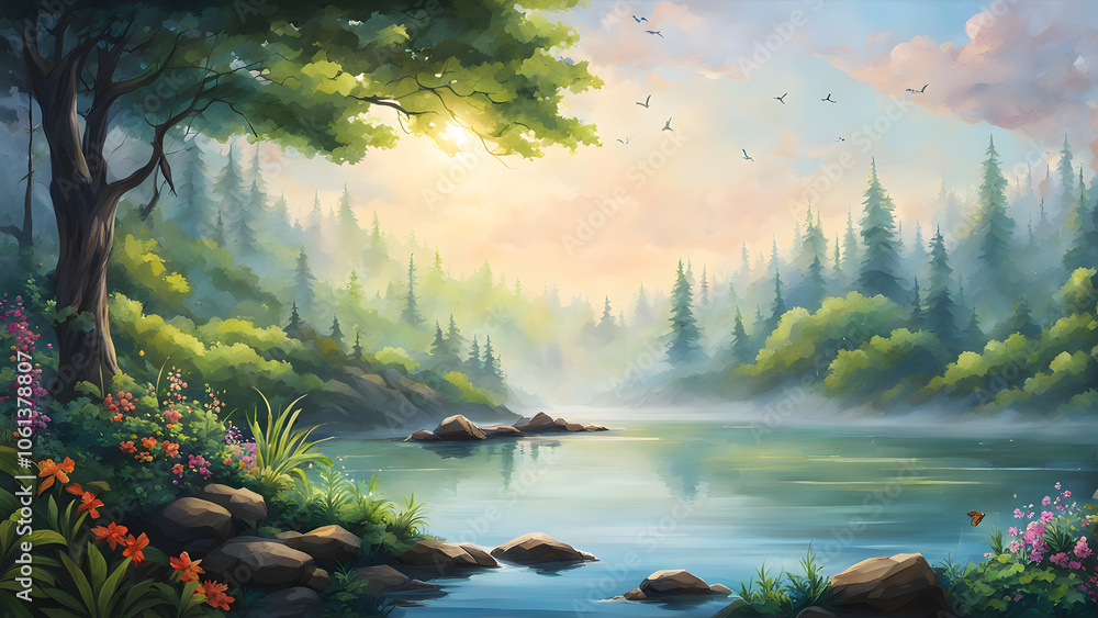 A painting of a forest with a river and a tree A painting of a forest with a river and a tree