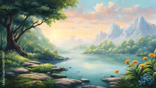 A painting of a mountain landscape with a river and a tree