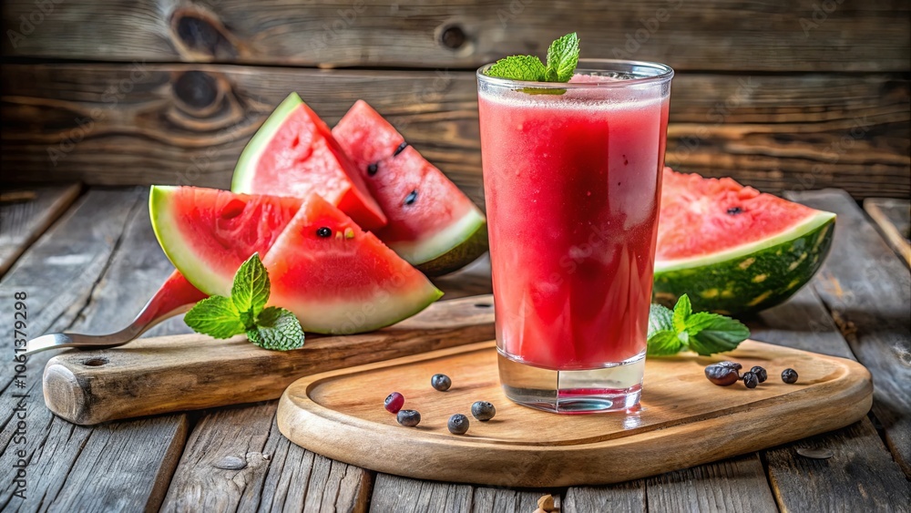 A glass of chilled watermelon smoothie with fresh mint garnish and scattered berries, accompanied by sliced watermelon on a rustic wooden background. A glass of chilled watermelon smoothie with fresh mint garnish and scattered berries, accompanied by sliced watermelon on a rustic wooden background.