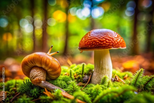 Slug Feasting on Mushroom in Dwingelderveld National Park, Netherlands - Nature Close-Up, Wildlife Photography, Macro Shot, Organic Habitat, Forest Ecosystem photo