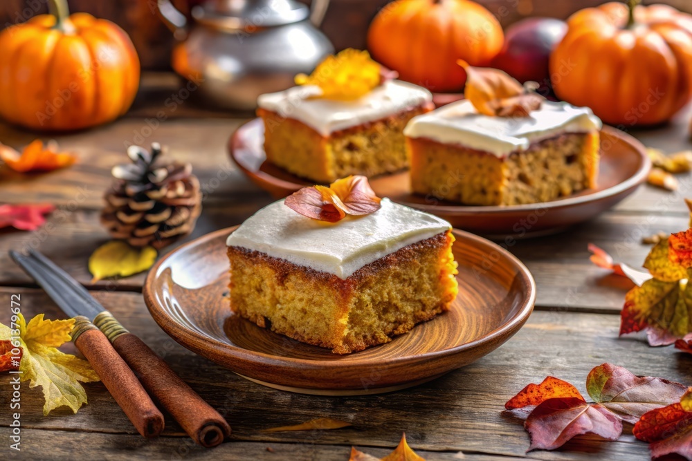 Spiced Pumpkin Bars with Cream Cheese Frosting on Vintage Plate in Autumn Setting - Macro Photography Spiced Pumpkin Bars with Cream Cheese Frosting on Vintage Plate in Autumn Setting - Macro Photography