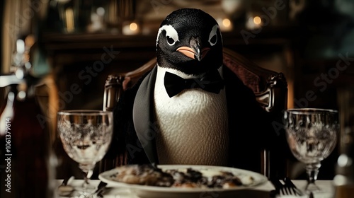 A Penguin Dressed in a Tuxedo Sitting at a Table with a Plate of Food