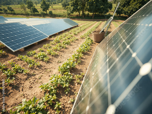 Solar Energy and Agriculture: A view of solar panels installed on farmland, providing energy while crops grow around them, Ai Generate.