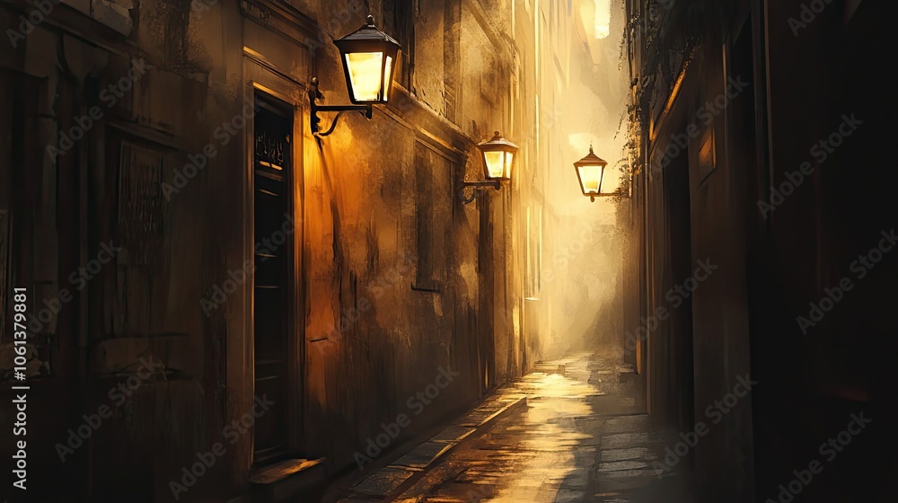 Fototapeta premium A Narrow, Foggy Alleyway Illuminated by Gas Lamps