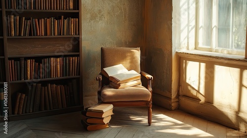 A Stack of Books Resting on a Wooden Chair in a Sunlit Room photo