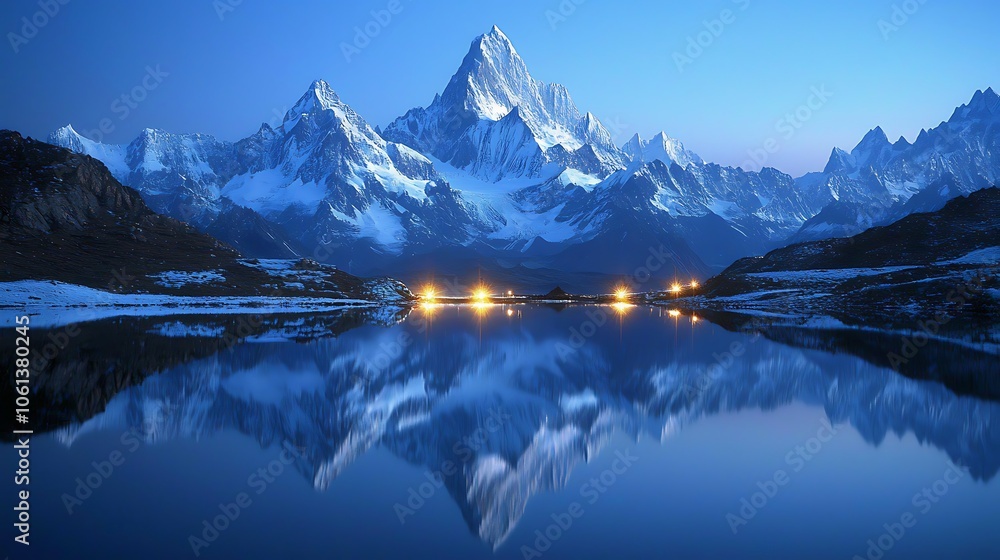 A breathtaking view of snow covered mountain peaks towering over a serene lake, with the clear blue sky reflected on the waters surface creating a peaceful and tranquil scene. A breathtaking view of snow covered mountain peaks towering over a serene lake, with the clear blue sky reflected on the waters surface creating a peaceful and tranquil scene.