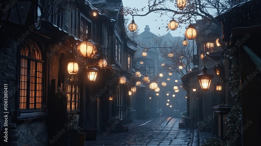 Obraz premium A Rainy Evening in a Cobblestone Alleyway with String Lights and Lantern Posts
