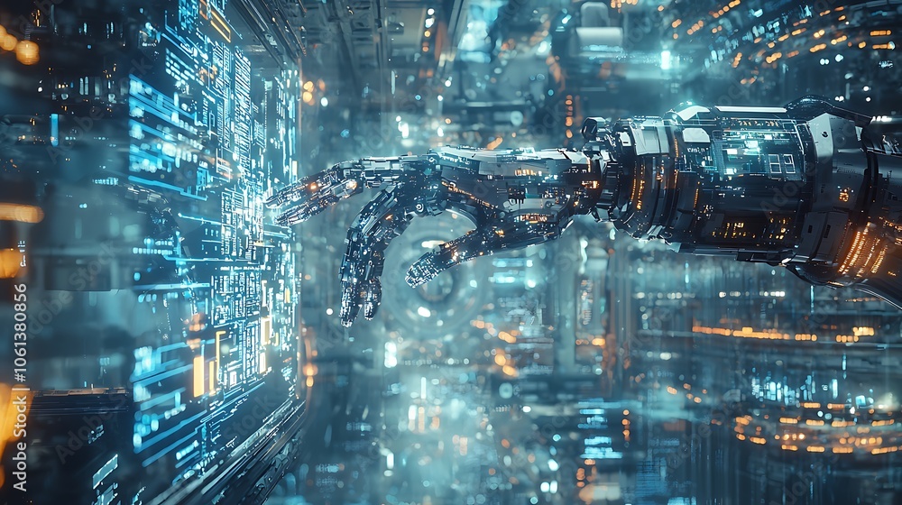 A high tech robotic arm equipped with AI technology meticulously assembles intricate electronic components with precision and efficiency in a futuristic manufacturing setting. A high tech robotic arm equipped with AI technology meticulously assembles intricate electronic components with precision and efficiency in a futuristic manufacturing setting.