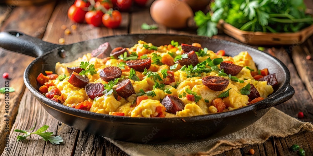 Scrambled Eggs with Smoked Sausage and Red Pepper in a Cast Iron Skillet on Rustic Wooden Surface Scrambled Eggs with Smoked Sausage and Red Pepper in a Cast Iron Skillet on Rustic Wooden Surface