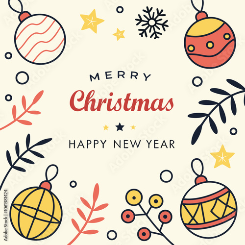 Merry Christ mas and happy new year 2025 flat design star, ball, holly leaves, Vector background pattern.