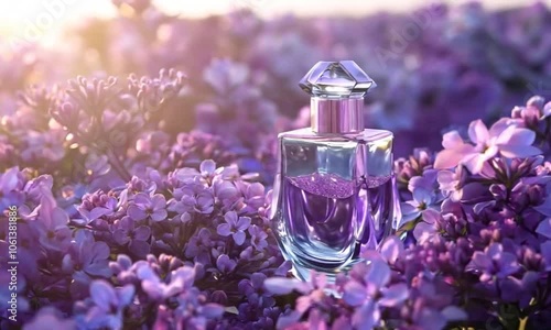 Perfume bottle in flowers fragrance on blooming background floral scent and cosmetic product. Generative AI