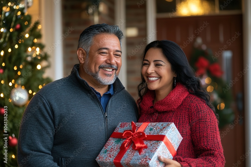 Couple smiling with gift box near Christmas tree Couple smiling with gift box near Christmas tree