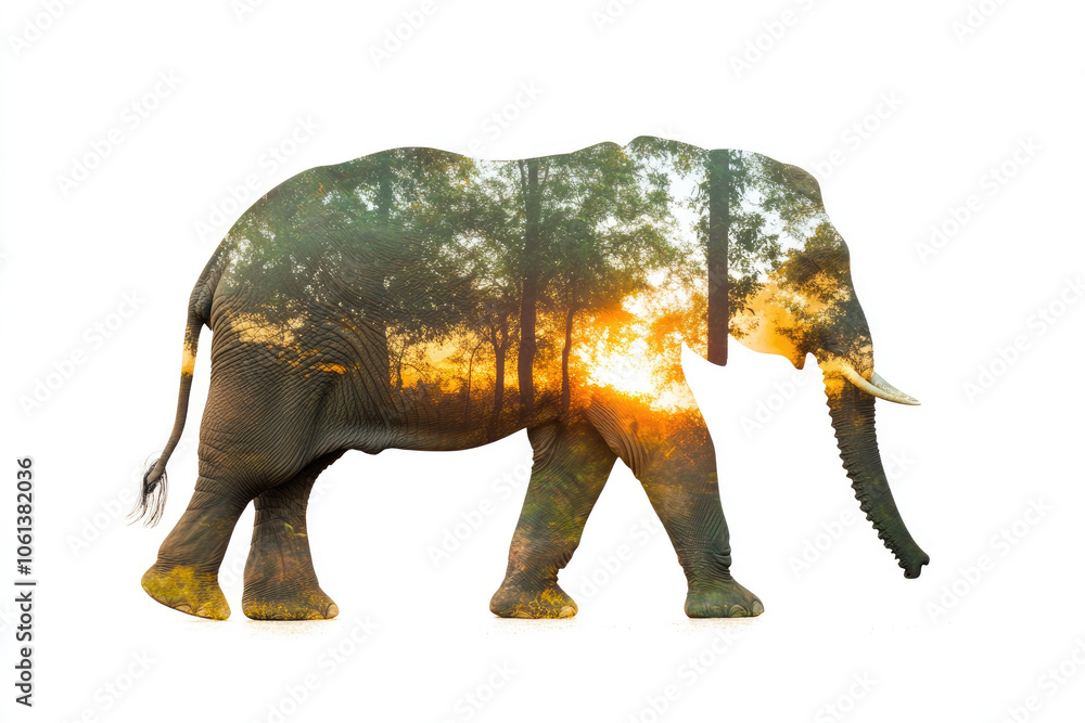 Fototapeta premium Full-Body Side Silhouette of Elephant with Double Exposure of Coniferous Forest on White Background