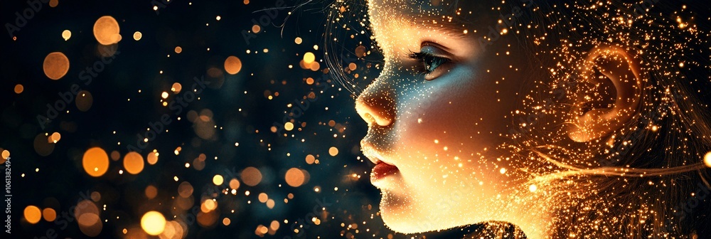 A young girl's face is illuminated by light, surrounded by glowing particles and stars. The background features dark tones A young girl's face is illuminated by light, surrounded by glowing particles and stars. The background features dark tones