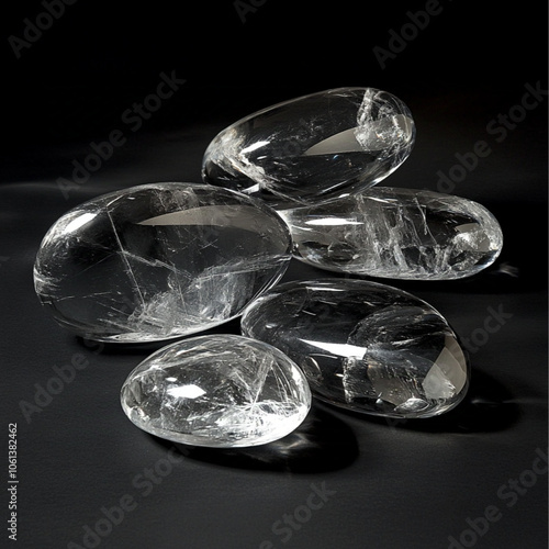 large and small elaborate, rounded musgrave stones on a black background. The stones look like processed crystal. photo