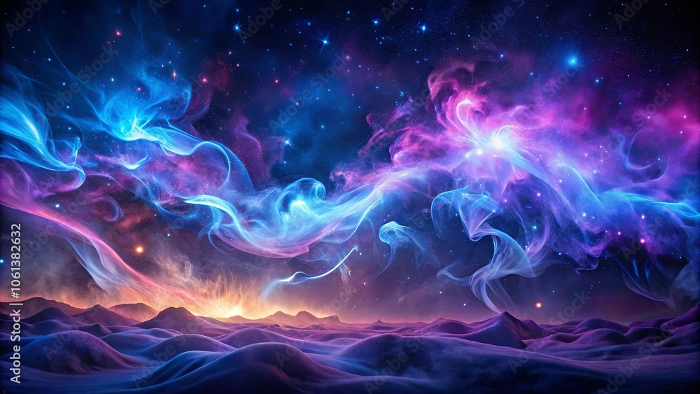 A celestial tapestry woven with swirling nebulas and shimmering stars, illuminating a landscape of purple dunes and distant horizons A celestial tapestry woven with swirling nebulas and shimmering stars, illuminating a landscape of purple dunes and distant horizons