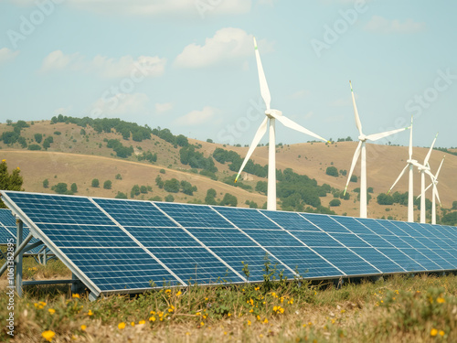 A hybrid renewable energy scene featuring both solar panels and wind turbines in a rural landscape. Ai Generate.