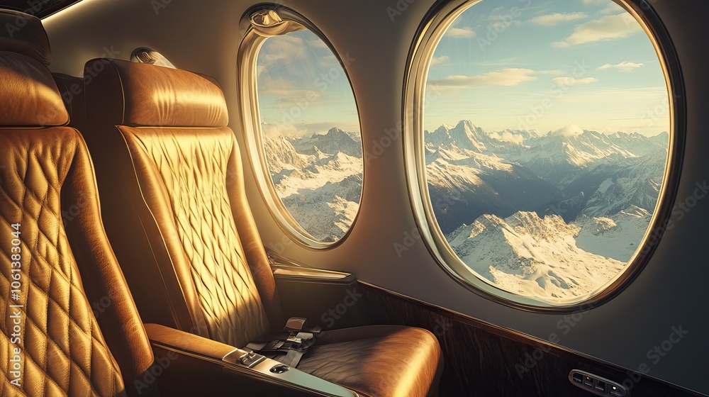 Luxurious Private Jet Interior with Leather Seat and Mountain View . Luxurious Private Jet Interior with Leather Seat and Mountain View .