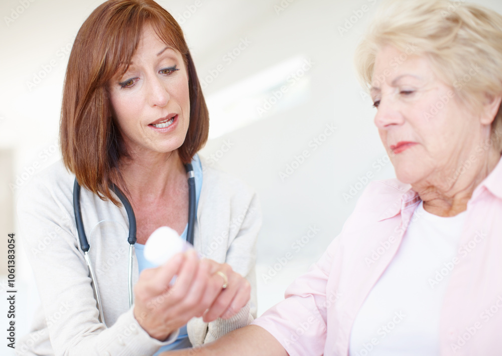 Woman, doctor or patient with medication for elderly care, consultation or side effects at clinic. Healthcare, worker or employee talking to senior person with a disability for dosage or prescription Woman, doctor or patient with medication for elderly care, consultation or side effects at clinic. Healthcare, worker or employee talking to senior person with a disability for dosage or prescription