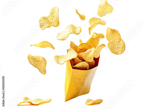 Crispy Potato Chips in Yellow Bag with Floating Chips photo