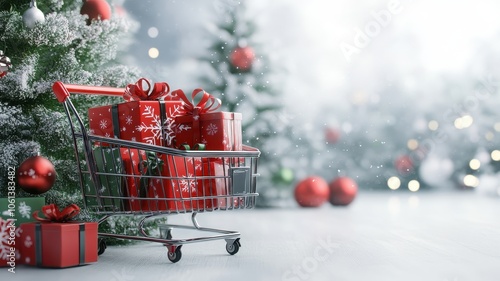 Red Paper boxes parcel in a trolley,concept shopping online,service home delivery,black friday,christmas holiday gift,Shopping cart supermarket with boxes,Sales of products,goods through onlinet. photo