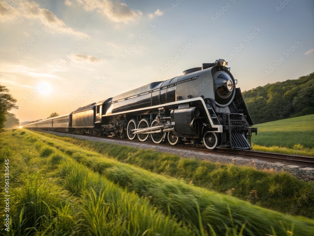 Fototapeta premium A sleek black and silver bullet train speeds through a scenic landscape showcasing modern travel design