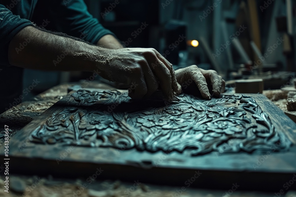 Close up of a woodcarver's hands working on intricate floral design. Close up of a woodcarver's hands working on intricate floral design.