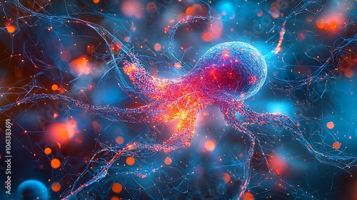 Image of a digital illustration showing a complex network of interconnected nodes with glowing lines representing data streams flowing between them