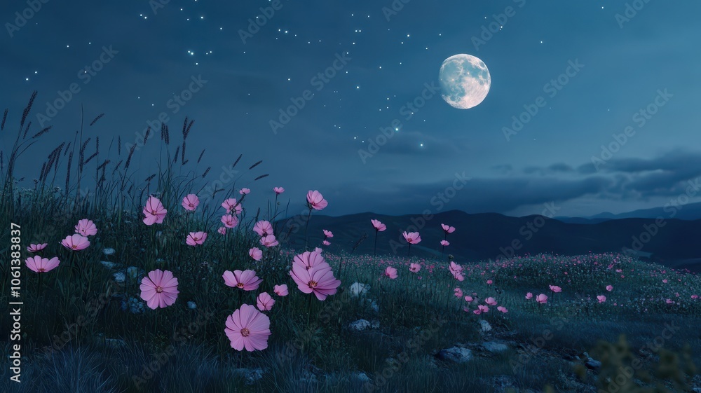 Full moon and Pink Cosmos flower blooming in midnight,The harvest Miscanthus sinensis and full moon,beautiful night sky in the countryside with the perfect moon exudes beauty in the dark. Full moon and Pink Cosmos flower blooming in midnight,The harvest Miscanthus sinensis and full moon,beautiful night sky in the countryside with the perfect moon exudes beauty in the dark.