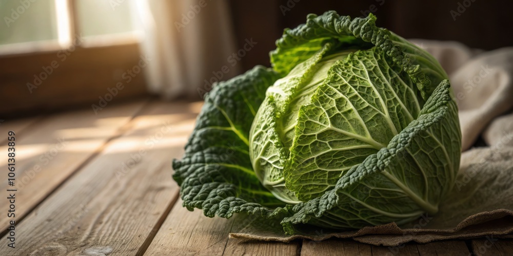 Fototapeta premium Close-Up of a Vibrant Green Cabbage Showcasing Its Texture and Freshness in a Beautiful Presentation