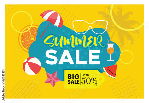 Special offer during summer. Discount promotion with summer elements. Summer concept. Flat vector illustration.